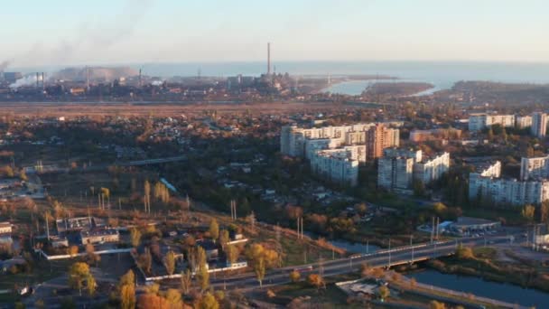 Industrial City Sunset Horizon Metallurgical Plant Sea Aerial View — Stock Video