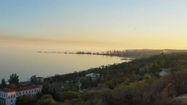 Aerial Video Sea Coast Port Evening Autumn Time — Stock Video