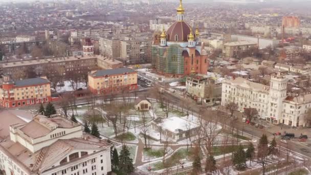 Mariupol Ukraina Widać Placu Miasta Duży Kościół Prawosławny Budowa Budynku — Wideo stockowe