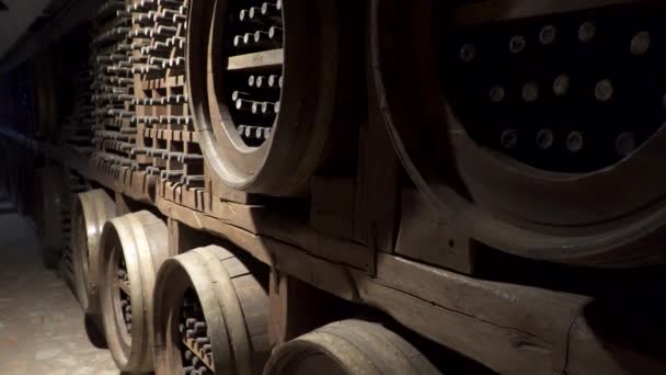 Wijnberging Flessen Wijn Worden Opgeslagen Een Ondergrondse Tunnel — Stockvideo