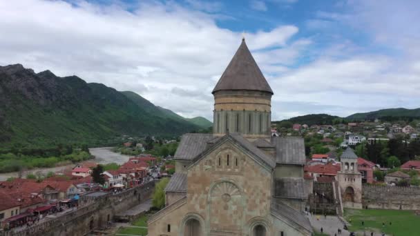 Aerial View Old Georgian Svetitskhoveli Cathedral Mtskheta — Stock Video