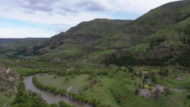 Havadan Görünüm Mağara Manastır Kompleksi Vardzia Yakınlarındaki Kura Nehri Vadisi — Stok video