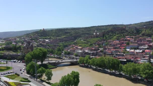 Staden Tbilisi Flygvy Fästningen Narikala Floden Kura Georgien — Stockvideo