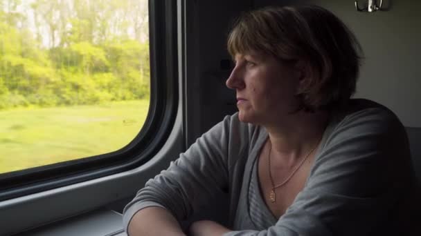 Woman Train Car Looks Out Window — Stock Video