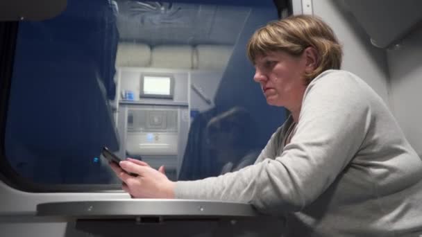 電車の中で電話で話している女性 — ストック動画