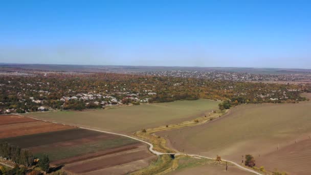 Havadan görünüm. Köye yakın sonbahar tarlaları — Stok video