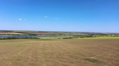 Bir gölet kıyısında çiftlik alanları. Sonbahar. Havadan görünüm