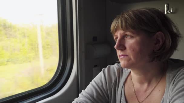 Woman Sitting Window Moving Train — Stock Video