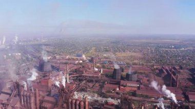 Metallurgical plant aerial view. Environmental pollution. Causes of Global Warming