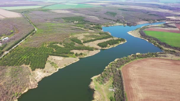 Vista Aérea Lagoa Margem Floresta Campos Agrícolas Primavera — Vídeo de Stock