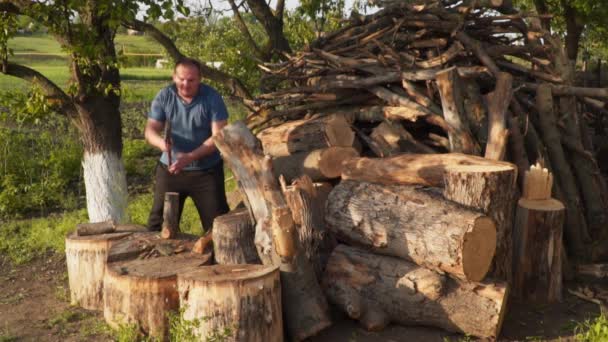 Een Man Hout Aan Het Hakken Brandhout Houtkap Video Slow — Stockvideo