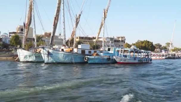 Традиційні Єгипетські Вітрильники Біля Пірсу Вид Човна Пливе Річці Ніл — стокове відео