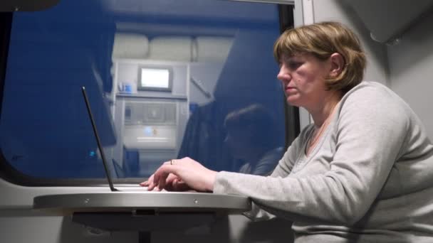 Freiberuflerin Mit Laptop Zug Der Zug Fährt Abends — Stockvideo