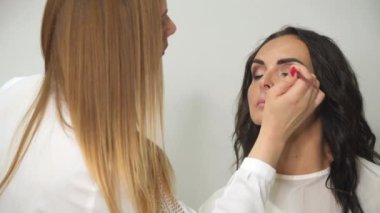 Makyöz göz kapağına göz farı sürüyor, güzellik salonundaki kadına. Profesyonel makyaj. İş sırasında profesyonel makyaj sanatçısı.