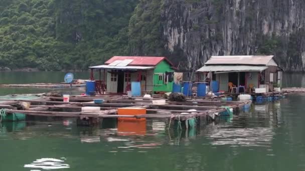 Floating houses for caretakers of fish pens on the lake — Stock Video