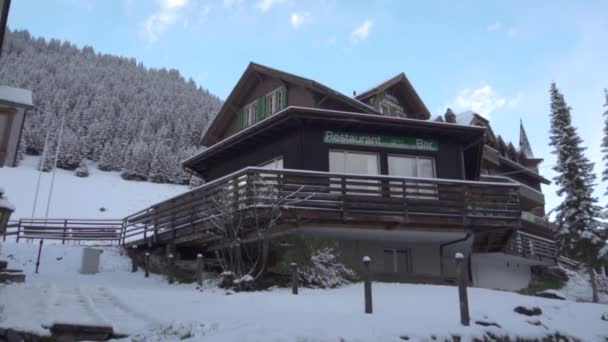 Hotel bar and restaurant built on the mountain covered — Stock Footage Hotel bar and restaurant built on the mountain covered Stock Footage