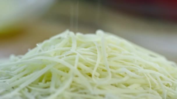 用厨房用具碎纸机切碎一块奶酪 — 图库视频影像
