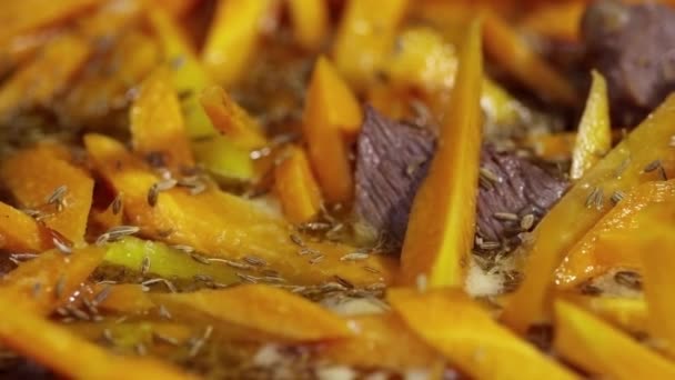 Ízesített por szórása egy tál sütőtökre és marhahúsra — Stock videók