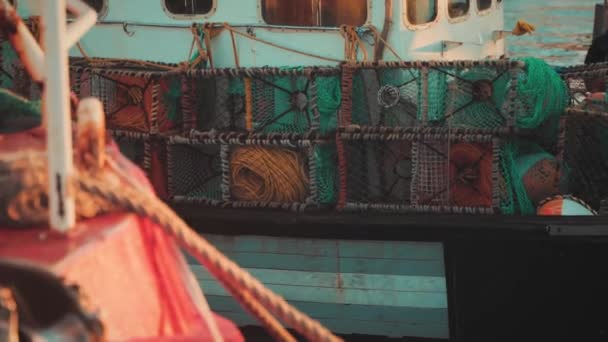 Fish nets on the fishing boat side — Stock Video