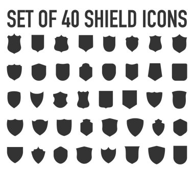 Polis rozeti şeklinde. 40 ikon vektör askeri kalkan silueti. Güvenlik bantları beyaz arka planda izole edilmiş. Görüntü kalkanı şekil koruması, siyah güvenlik ve futbol rozeti vektörü