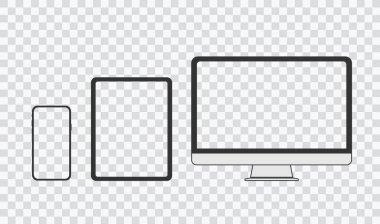 Şeffaf arkaplan ve şeffaf ekran üzerindeki monitör, tablet, akıllı telefon, gerçekçi vektör