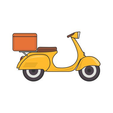 Bagajlı vektör retro scooter. Teslimat için modaya uygun mobilet kutuları var..