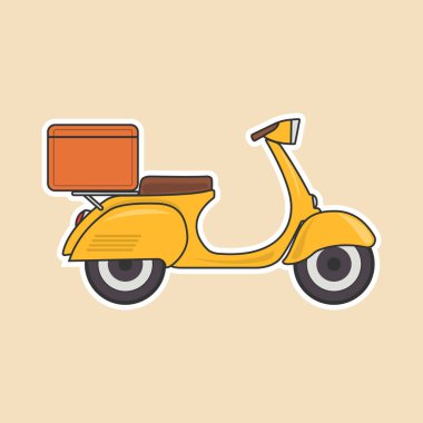 Bagajlı vektör retro scooter. Teslimat için modaya uygun mobilet kutuları var..