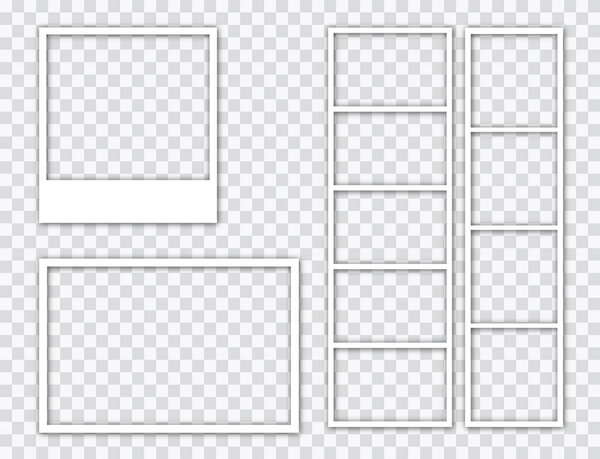 Realistic empty photo card frame, film set. Retro vintage photograph with transparent adhesive tape and paper clip. Digital snapshot image. Template or mockup for design. Vector illustration.