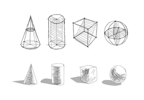 Esfera Vectorial Dibujada Mano Cubo Otras Formas Geométricas Espacio Tridimensional — Vector de stock