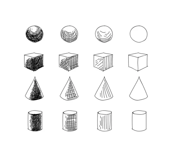 球锥立方体的手工绘制形状 呈3D视点的立方体 黑白相间 有阴影和线条 — 图库矢量图片