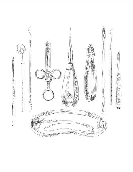 Drawn medical iron dentist tools for treating people's oral cavity — Stock Illustration Drawn Medical Iron Dentist Tools Treating People Oral Cavity Stock Vector