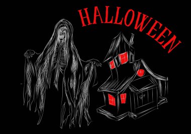 Cadılar Bayramı 'nda hayaletler ve mezarlıkta eski ahşap bir ev çizildi.