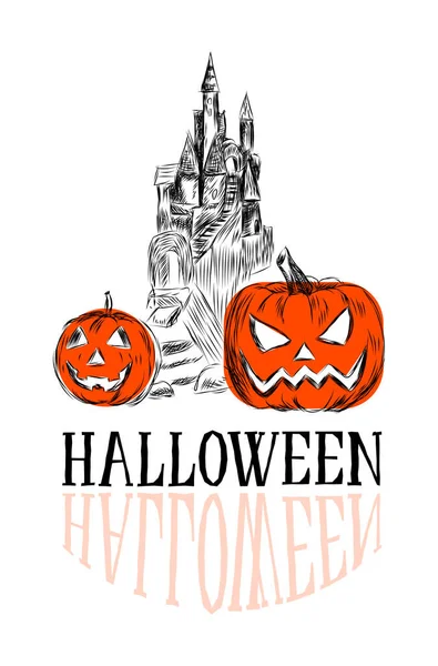 Halloween Wakacje Ręcznie Wyciągnięte Dyni Pomarańczowy Zamek Czarno Biały — Wektor stockowy