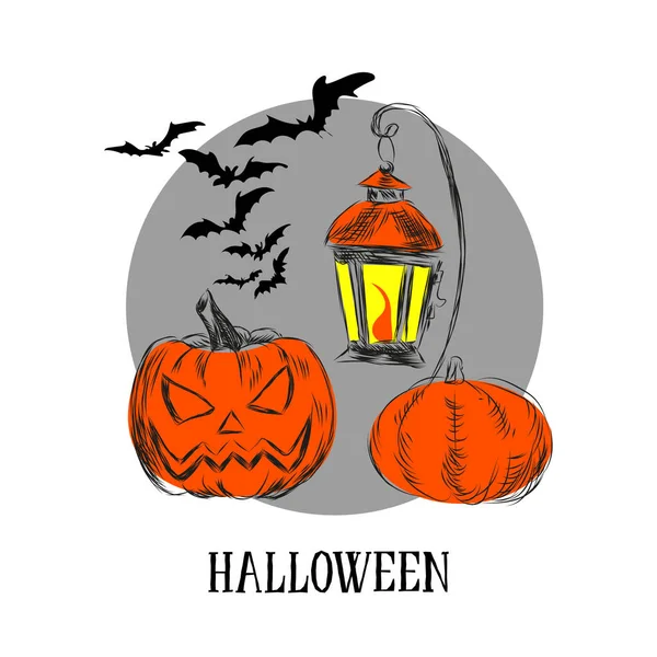 Halloween Rysowane Dynia Pomarańczowy Wakacje Latarnia Lub Latarnia Bat Halloween — Wektor stockowy