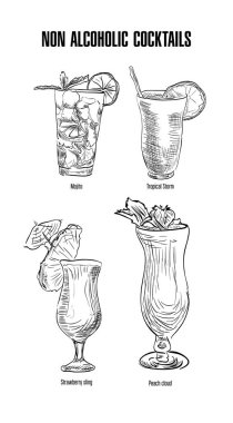 Restoranlar ve barlar için bar tablolarında kullanmak üzere alkolsüz lezzetli kokteyller çizildi