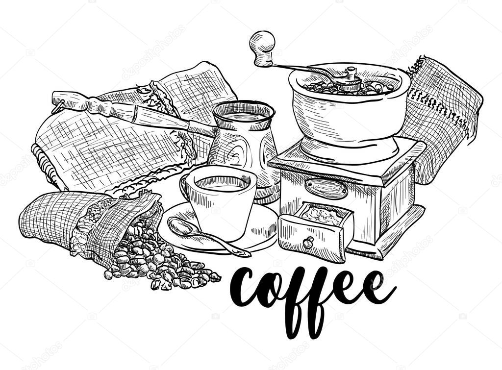 Drawn coffee and coffee machine composition with coffee beans for coffee shop cover