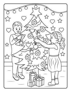 Çocuklar için Noel Boyama Sayfası. Bu sevimli ve sevimli Noel Boyama Sayfasını dekorasyonlarla birlikte indir. Mutlu, neşeli bayram temalı. 