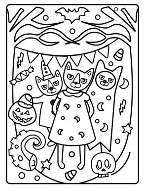 Çocuklar için Cadılar Bayramı Boyama Sayfası. Bu şirin ve sevimli Cadılar Bayramı Boyama Sayfasını dekorasyonlarla birlikte indir. Ürkütücü, ama sevimli bayram temalı. 