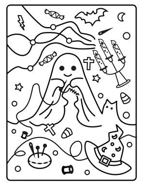 Çocuklar için Cadılar Bayramı Boyama Sayfası. Bu şirin ve sevimli Cadılar Bayramı Boyama Sayfasını dekorasyonlarla birlikte indir. Ürkütücü, ama sevimli bayram temalı. 