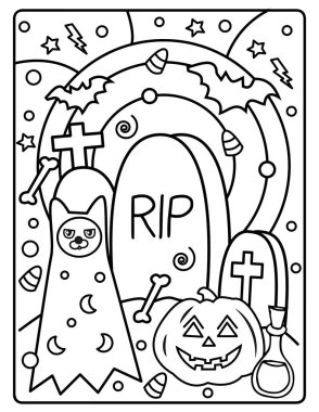 Çocuklar için Cadılar Bayramı Boyama Sayfası. Bu şirin ve sevimli Cadılar Bayramı Boyama Sayfasını dekorasyonlarla birlikte indir. Ürkütücü, ama sevimli bayram temalı. 