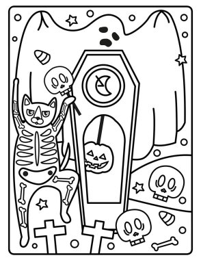 Çocuklar için Cadılar Bayramı Boyama Sayfası. Bu şirin ve sevimli Cadılar Bayramı Boyama Sayfasını dekorasyonlarla birlikte indir. Ürkütücü, ama sevimli bayram temalı. 