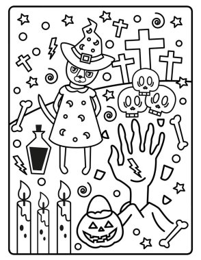 Çocuklar için Cadılar Bayramı Boyama Sayfası. Bu şirin ve sevimli Cadılar Bayramı Boyama Sayfasını dekorasyonlarla birlikte indir. Ürkütücü, ama sevimli bayram temalı. 