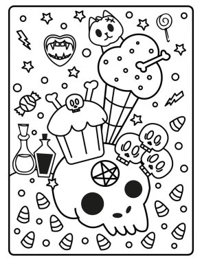 Çocuklar için Cadılar Bayramı Boyama Sayfası. Bu şirin ve sevimli Cadılar Bayramı Boyama Sayfasını dekorasyonlarla birlikte indir. Ürkütücü, ama sevimli bayram temalı. 