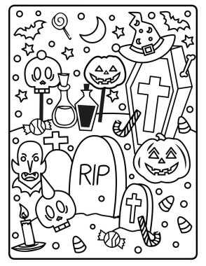 Çocuklar için Cadılar Bayramı Boyama Sayfası. Bu şirin ve sevimli Cadılar Bayramı Boyama Sayfasını dekorasyonlarla birlikte indir. Ürkütücü, ama sevimli bayram temalı. 