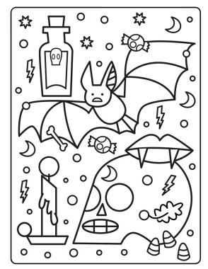 Çocuklar için Cadılar Bayramı Boyama Sayfası. Bu şirin ve sevimli Cadılar Bayramı Boyama Sayfasını dekorasyonlarla birlikte indir. Ürkütücü, ama sevimli bayram temalı. 
