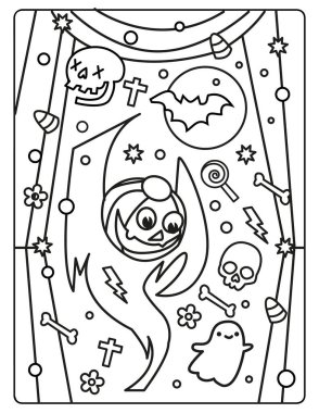 Çocuklar için Cadılar Bayramı Boyama Sayfası. Bu şirin ve sevimli Cadılar Bayramı Boyama Sayfasını dekorasyonlarla birlikte indir. Ürkütücü, ama sevimli bayram temalı. 