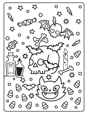 Çocuklar için Cadılar Bayramı Boyama Sayfası. Bu şirin ve sevimli Cadılar Bayramı Boyama Sayfasını dekorasyonlarla birlikte indir. Ürkütücü, ama sevimli bayram temalı. 