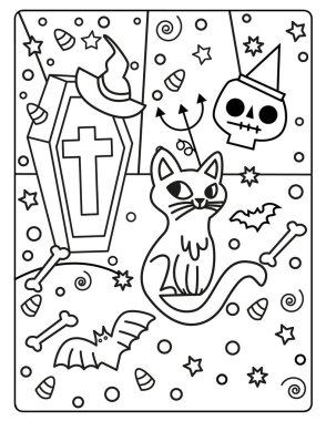 Çocuklar için Cadılar Bayramı Boyama Sayfası. Bu şirin ve sevimli Cadılar Bayramı Boyama Sayfasını dekorasyonlarla birlikte indir. Ürkütücü, ama sevimli bayram temalı. 