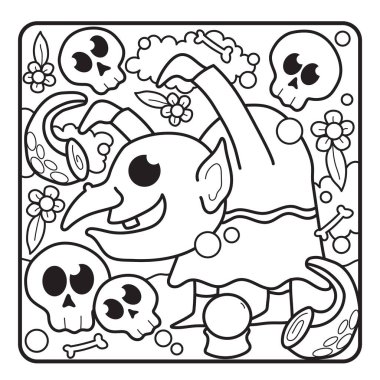 Çocuklar için Cadılar Bayramı Boyama Sayfası. Bu şirin ve sevimli Cadılar Bayramı Boyama Sayfasını dekorasyonlarla birlikte indir. Ürkütücü, ama sevimli bayram temalı. 