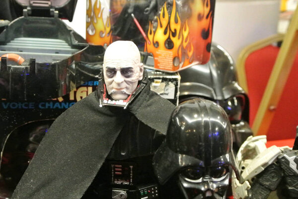 KUALA LUMPUR, MALAYSIA -MARCH 31, 2018: Fictional character action figures of Darth Vader from Star Wars franchise movies display by collector for public. The antagonist character against Jedi. 